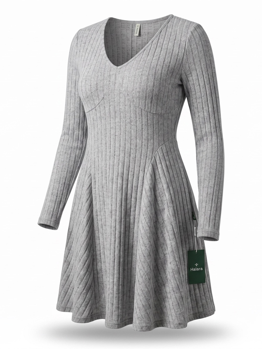 HALARA Light Gray Ribbed V‑Neck Long Sleeve Fit & Flare Dress